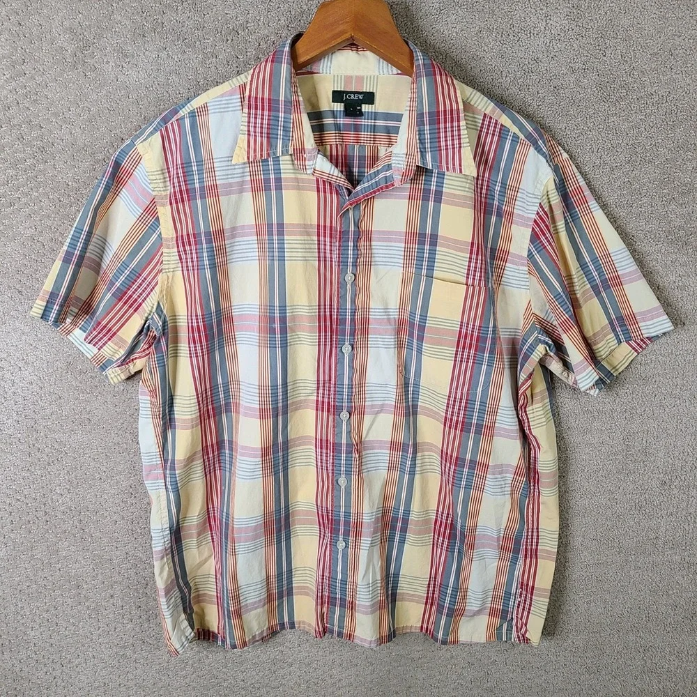 J. Crew Shirt‎ Mens Large Red Blue Yellow Plaid Short Sleeve Button Up Cotton
